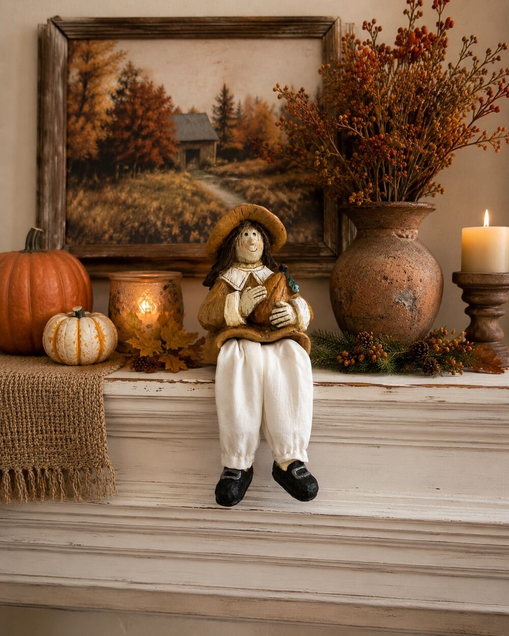 Vintage Pilgrim Shelf Sitter Woman Holding Pumpkin Fall Thanksgiving Decor 8"